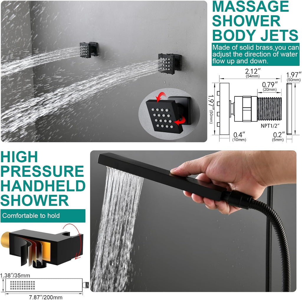 HOMEDEC 15.7x31.5' Ceiling Mounted Rainfall and 6' Wall Mounted Shower Heads with 6 Body Jets, Dual Shower Head System Rain Shower Faucet Set, Black