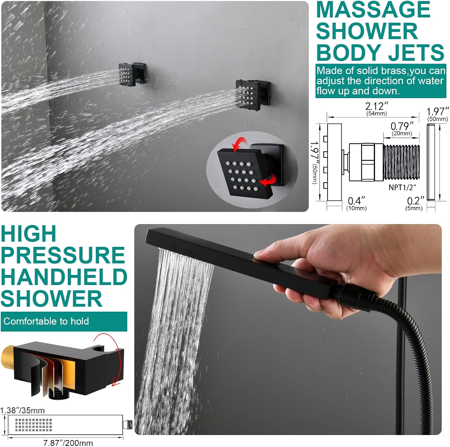 HOMEDEC 15.7x31.5' Ceiling Mounted Rainfall and 6' Wall Mounted Shower Heads with 6 Body Jets, Dual Shower Head System Rain Shower Faucet Set, Black