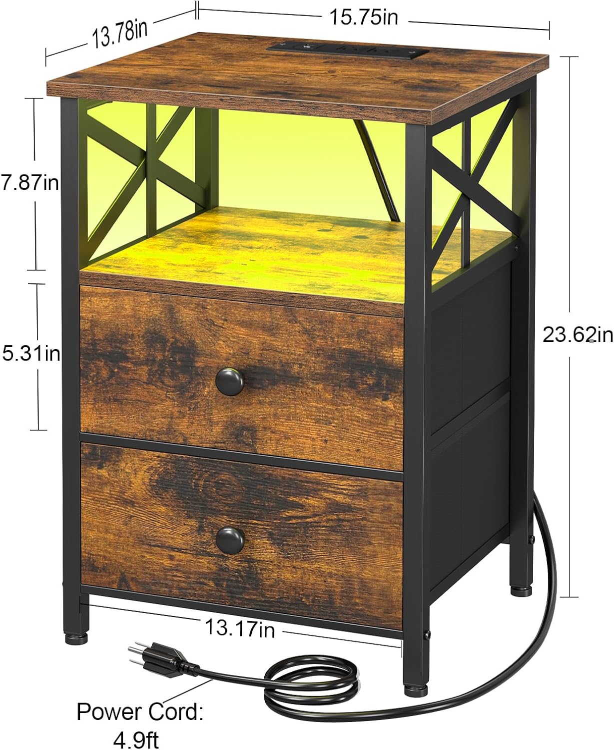 AMHANCIBLE Night Stand Set of 2 with Charging Station and LED Lights, Large 2-Drawer Bedside Tables with USB Ports and AC Outlets, Modern Nightstand for Bedroom, Brown, HET052LBR