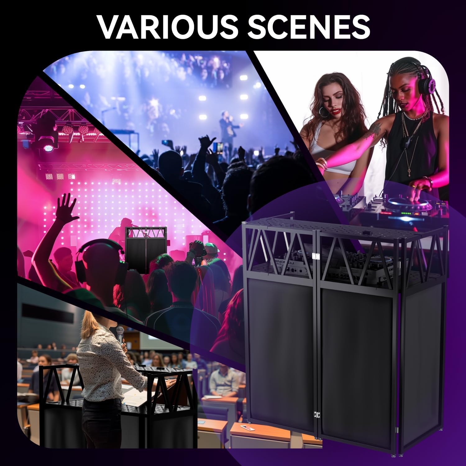 DJ Facade Booth Portable DJ Booth Table, Folding 2-Tier Workstation Table with Cable Management Holes, Adjustable Leveling Feet, Black & White Scrim Panels for Wedding Party Events(Upgrade)