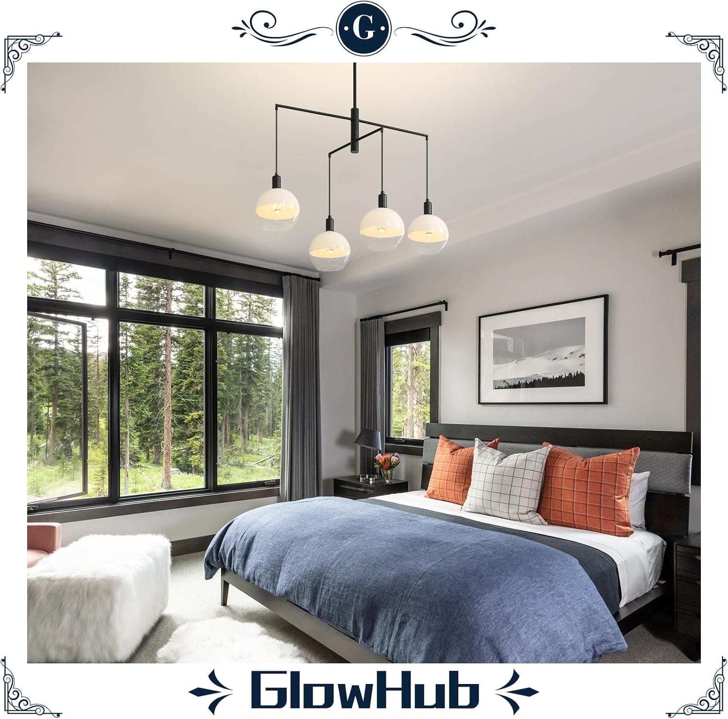 GlowHub Modern Black Chandelier with Milk White Glass Globe Shades 30' 4-Light Pendant Light Mid-Century Sputnik Chandelier Cluster Hanging Light Fixture for Dining Room Entryway Kitchen