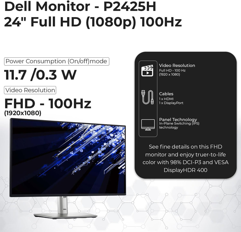 Dell P2425H Computer Monitor Screen 24' 16:9 IPS Display with Stand - 1 Year Warranty, 100Hz Full HD, 1920 x 1080 with Power Cable, Anyhdd DisplayPort, HDMI, USB 3.0 Upstream Cable & Cloth - New