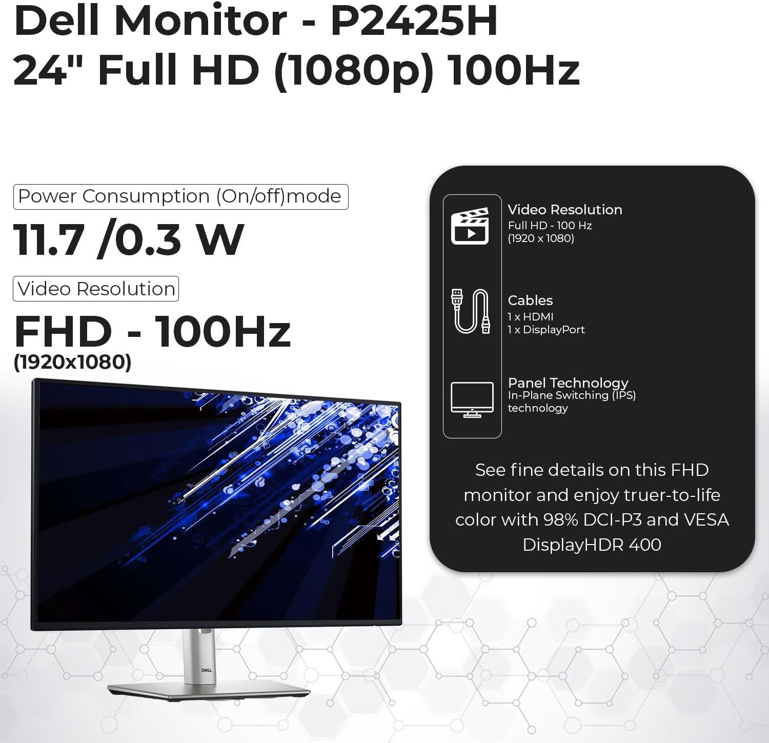 Dell P2425H Computer Monitor Screen 24' 16:9 IPS Display with Stand - 1 Year Warranty, 100Hz Full HD, 1920 x 1080 with Power Cable, Anyhdd DisplayPort, HDMI, USB 3.0 Upstream Cable & Cloth - New