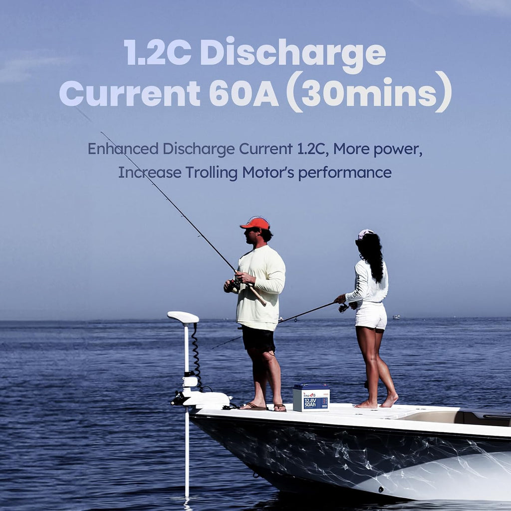 Timeusb 12V 50Ah Trolling Motor LiFePO4 Lithium Battery with Low-Temp Protection, 15000 Deep Cycle, Max. 60A Current at 30mins, 12V Battery for 20~70lb Boat Motor, Fish Finder, Instrument Panel etc.