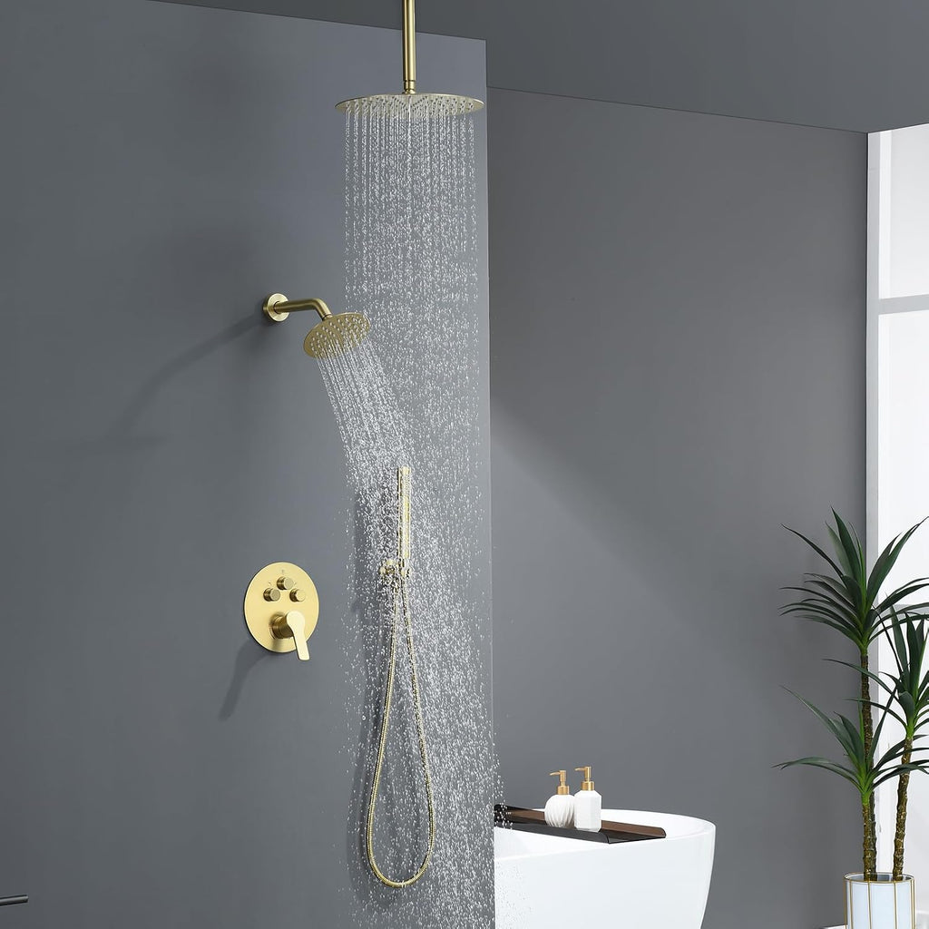 Brushed Gold Shower Faucet Set, Gold Shower System with Rain Shower and Handheld Bathroom Ceiling 12 Inch Shower Set with Brass Valve