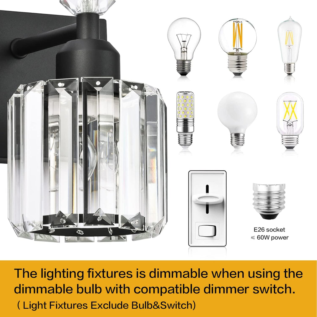 PRESDE 6-Light Crystal Bathroom Lights Fixtures Modern Matte Black Bathroom Lights Fixtures Over Mirror Bath Wall Lighting