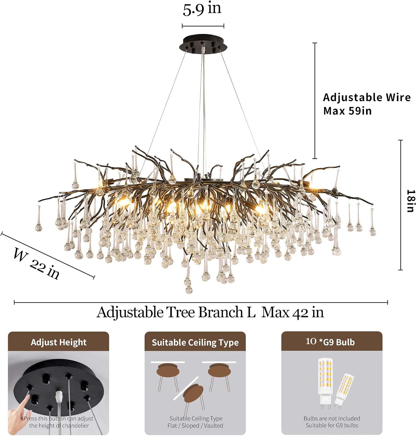 Modern Crystal Raindrop Chandelier, L40'' Black Linear Rectangle Art Deco Tree Branch Lighting Fixture for Kitchen Island Living Room Foyer Staircase 10 Lights