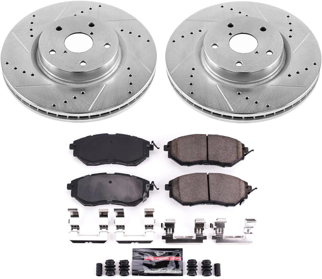 PowerStop Front Brake Kit for Subaru B9 Tribeca 2006-07 |Legacy 2015-19 |Outback 2015-19 |Tribeca 2008-14 - Drilled and Slotted Disc Rotors with Carbon-Fiber Ceramic Brake Pads Replacement, K4603