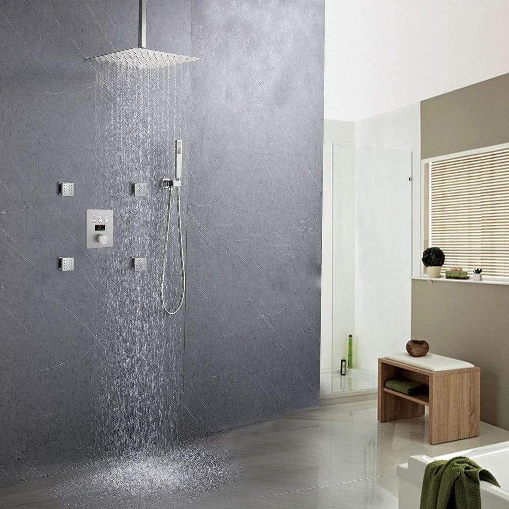 Brushed Nickel Shower System 12 Inch Ceiling Digital Temperature Display Display Shower Faucets Sets Complete Push Button Full Body Shower System with Body Jet, Can Simultaneous Operation