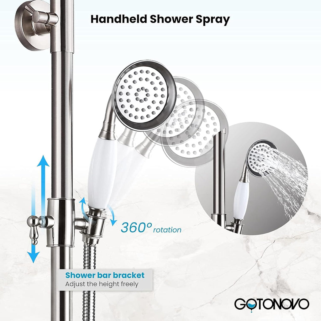 gotonovo Bathroom Exposed Shower Faucet Outdoor Shower System 8 Inch Rainfall Shower Head Set with Tub Spout and Handheld Spray Double Cross Handles Wall Mount without Shower Shelf Brushed Nickel