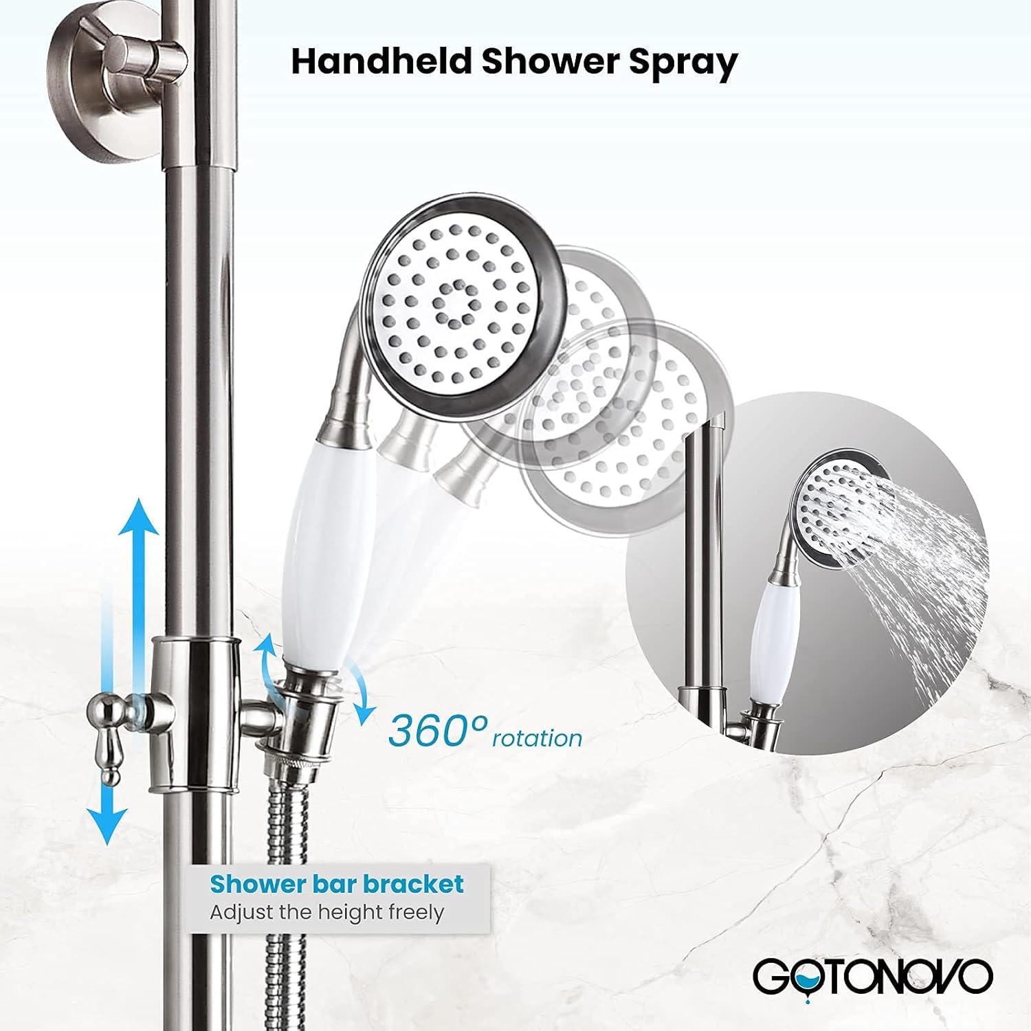 gotonovo Bathroom Exposed Shower Faucet Outdoor Shower System 8 Inch Rainfall Shower Head Set with Tub Spout and Handheld Spray Double Cross Handles Wall Mount without Shower Shelf Brushed Nickel
