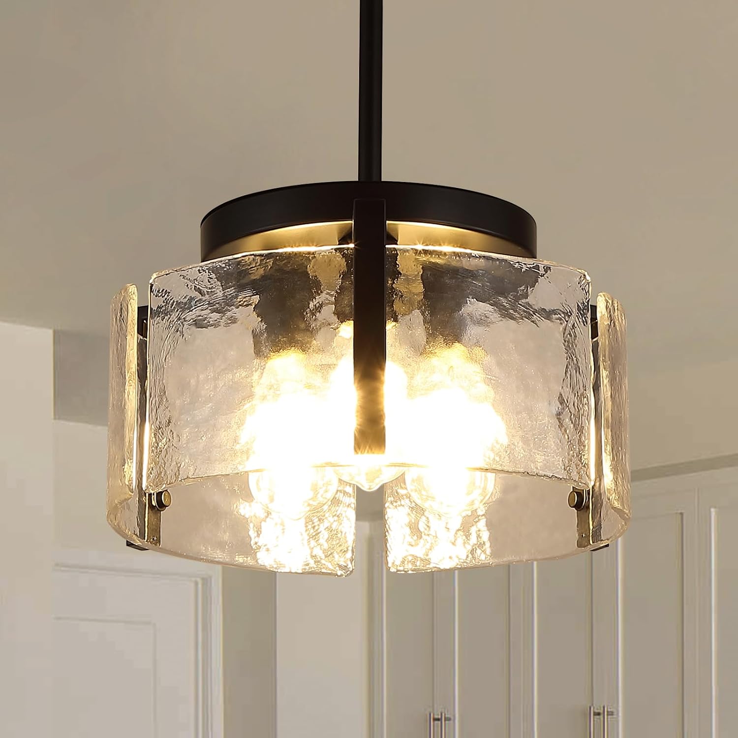 Black Dining Room Light Fixture, 3-Light Glass Drum Chandelier for Entryway, Farmhouse Kitchen Chandeliers Over Table Modern Lighting Fixtures for Foyer Hallway Bedroom Living Room