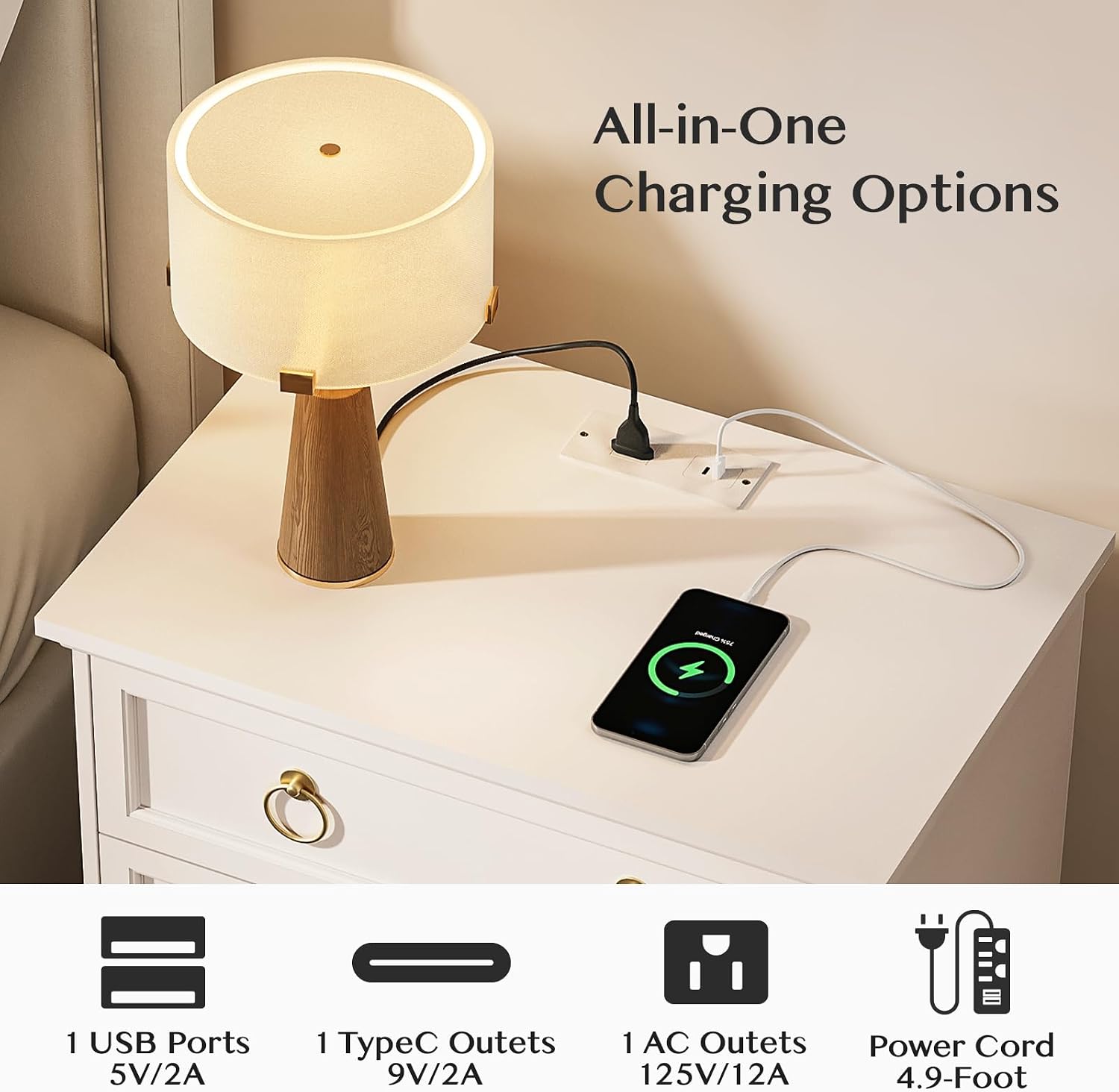JOINICE White Night Stand with Charging Station, Modern Nightstand with 3 Drawer Storage, Large Bedside Table with Wide Desktop, 24'' Tall Sofa End Table for Bedroom, Home Office, White