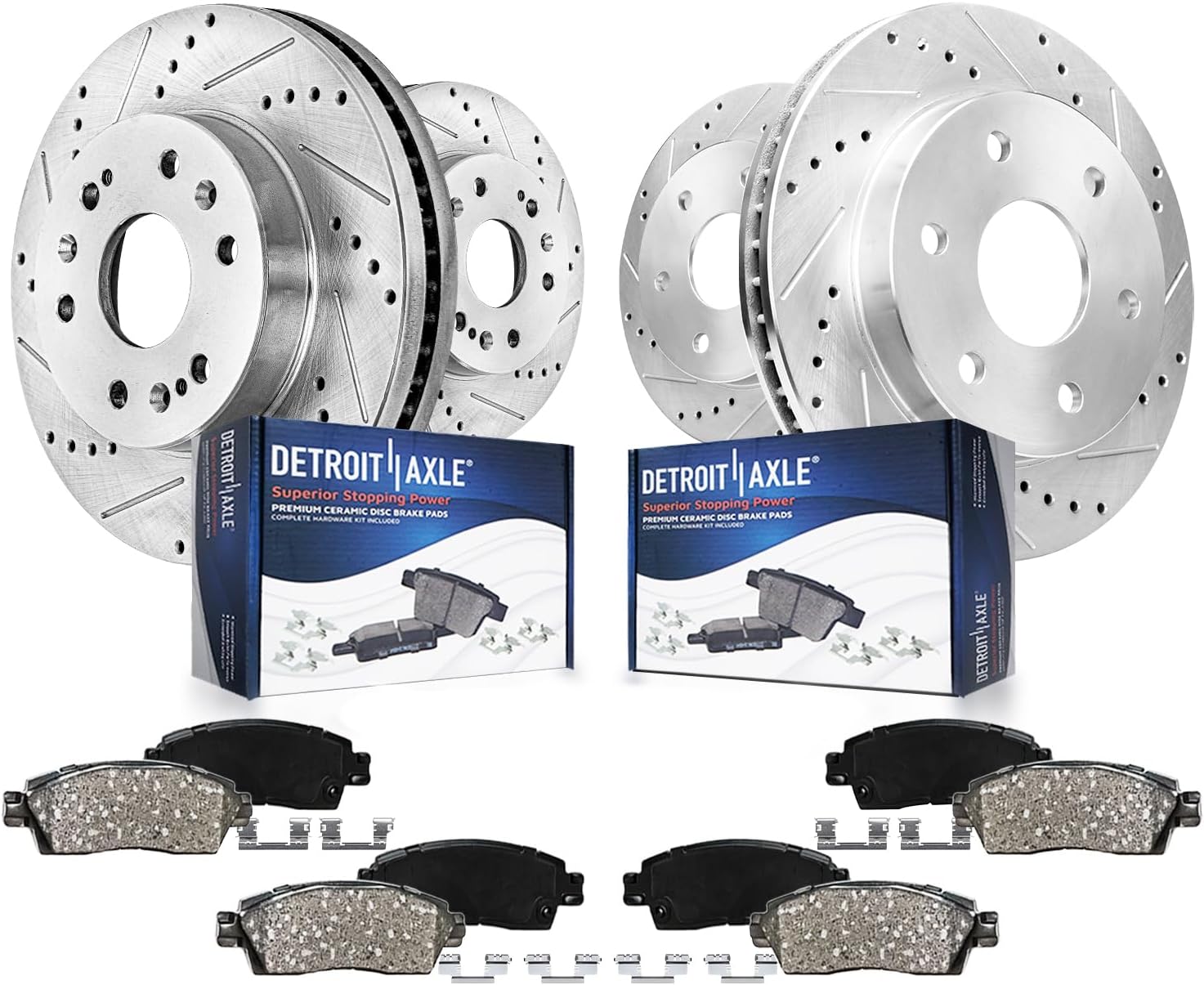 Detroit Axle - Brake Kit for Chevy GMC Silverado Sierra 1500 Suburban Yukon XL Avalanche Tahoe Cadillac Escalade Drilled Brake Rotors Brakes Pads Replacement : 12.99' Front & 13.58' Rear Rotor