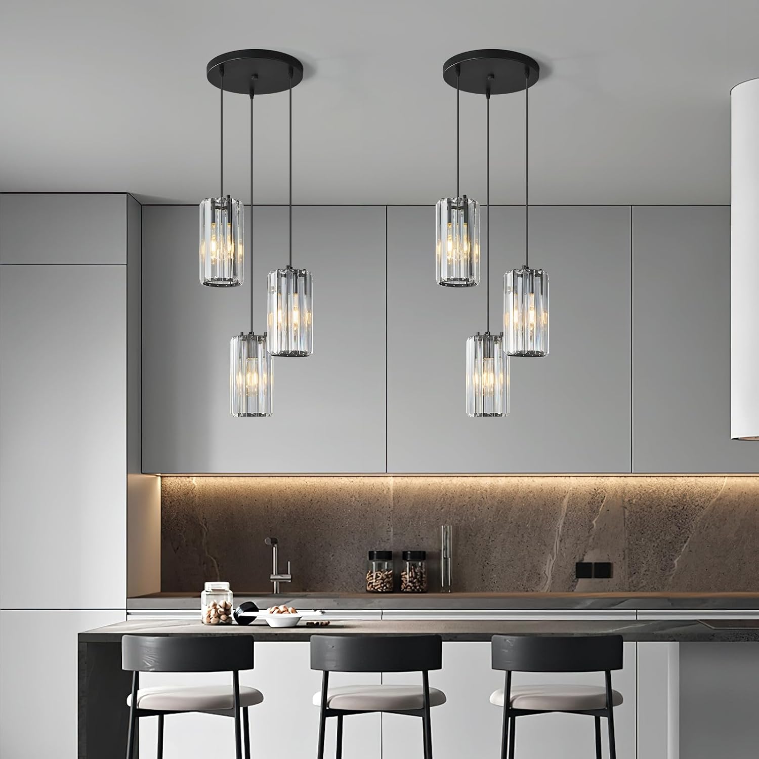 Black Pendant Lighting Modern Pendant Light, Mini Crystal Chandeliers,Adjustable Pendant Light Fixture for Kitchen Island Dinning Room Corridor Bedroom(Gold 3-Light)
