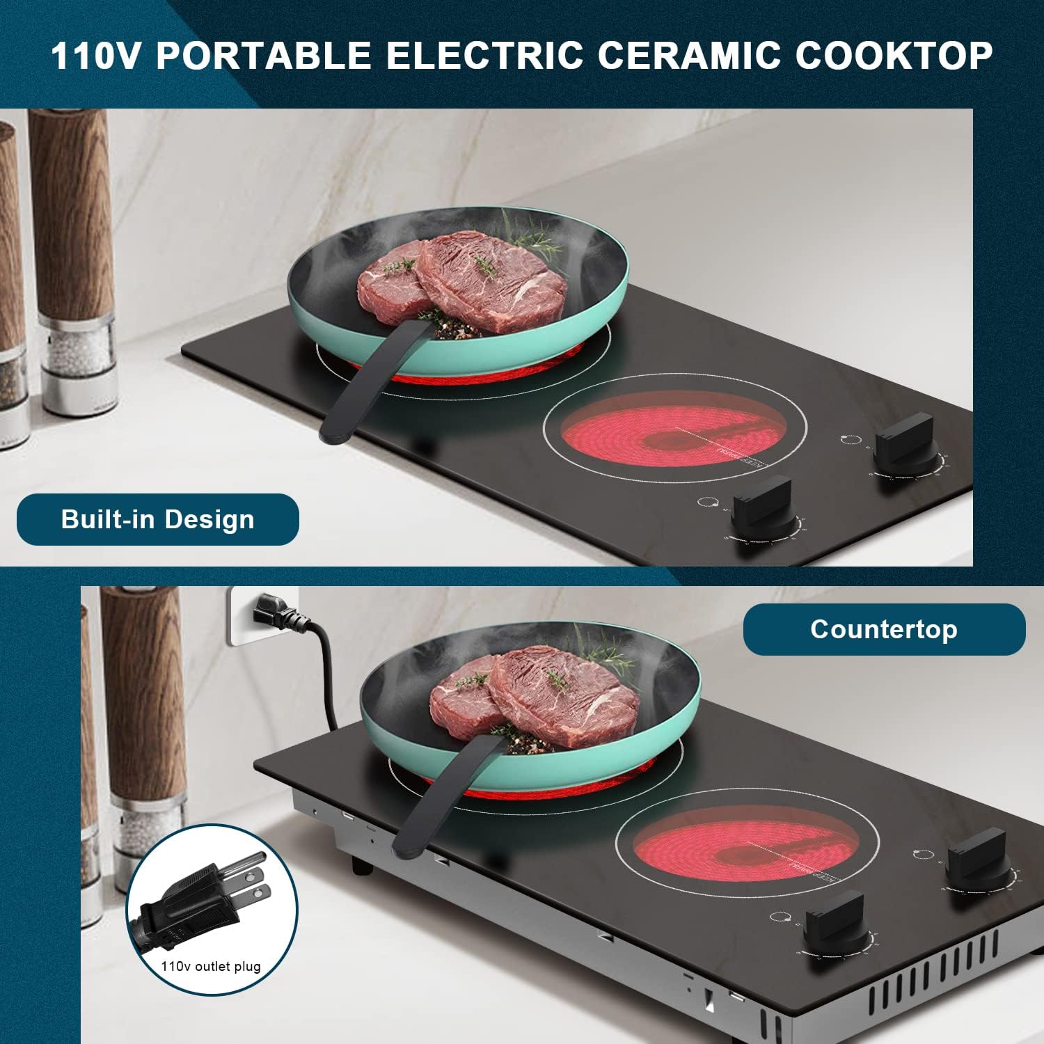 Karinear 110V Electric Cooktop 2 Burners, Countertop & Built-in Electric Stove Top Plug in
