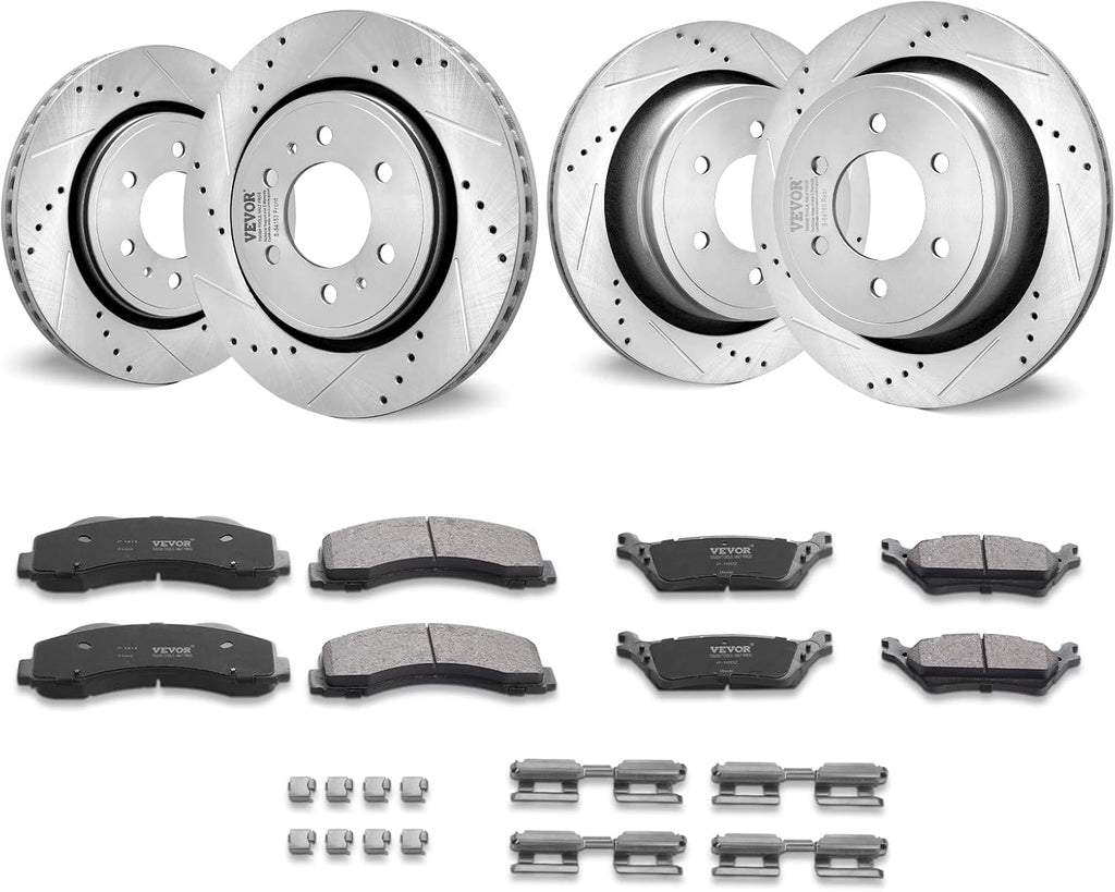 VEVOR Brake Kit Front and Rear, Compatible with 2012-2020 Ford F-150 (MPB only), Drilled and Slotted Brake Rotors Ceramic Brake Pads Replacement, 13.8' Front Rotors 13.7' Rear Rotors
