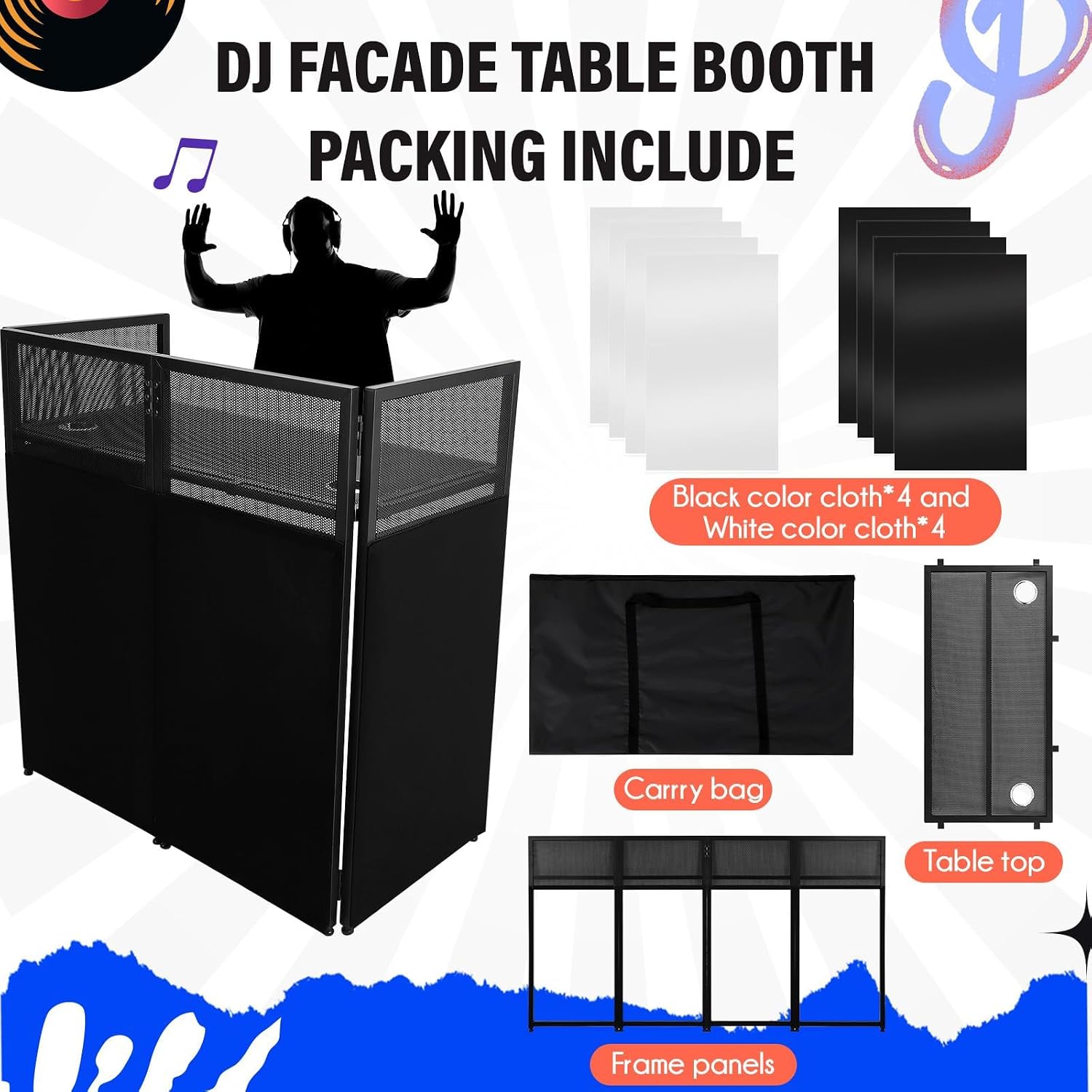 Portable DJ Facade Booth,52'L x 48'H x 26'W DJ Table Facade With White & Black Scrim,Foldable Metal Frame DJ Table Stand Station With Adjustable Feet for Party