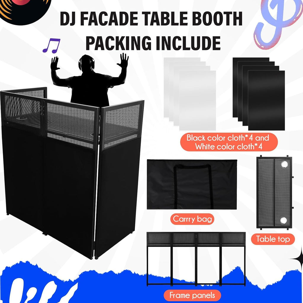 Portable DJ Facade Booth, Foldable DJ Table Station With White & Black Lighting Scrim,50 in L x48 in Hx 25 in W DJ Stand Booth,With Adjustable DJ Event Facade Feet for Party, Black Metal Frame