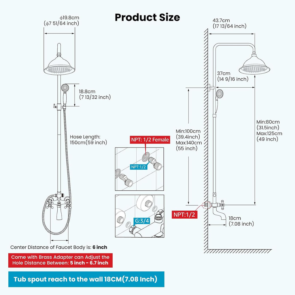 gotonovo Bathroom Exposed Shower Faucet Outdoor Shower System 8 Inch Rainfall Shower Head Set with Tub Spout and Handheld Spray Double Cross Handles Wall Mount without Shower Shelf Antique Brass