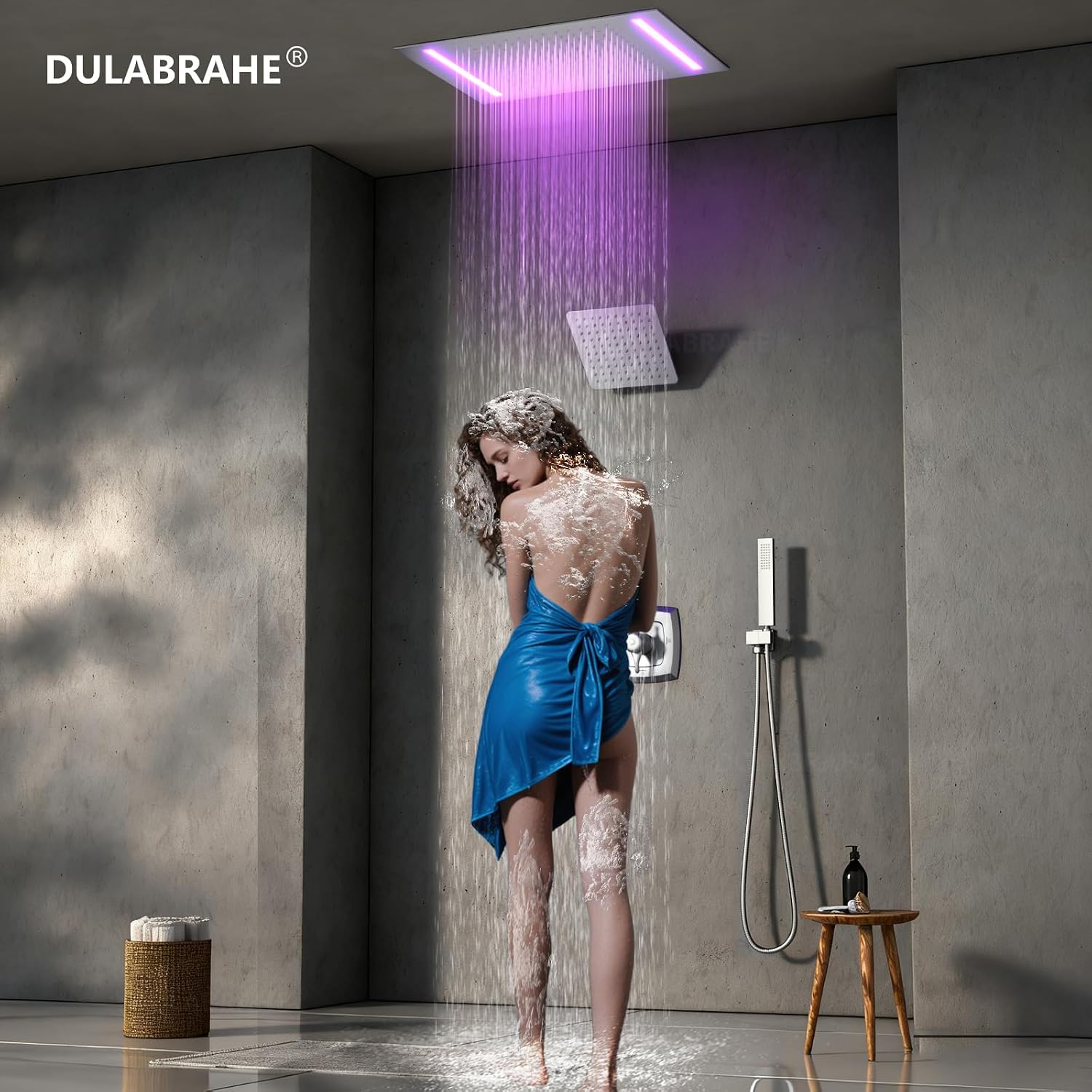 14 X 20 Inch Ceiling LED Rain Shower Head, Dual Rainfall Smart Shower System Set With 8 Inch Wall Head For Two People (Brushed Nickel)