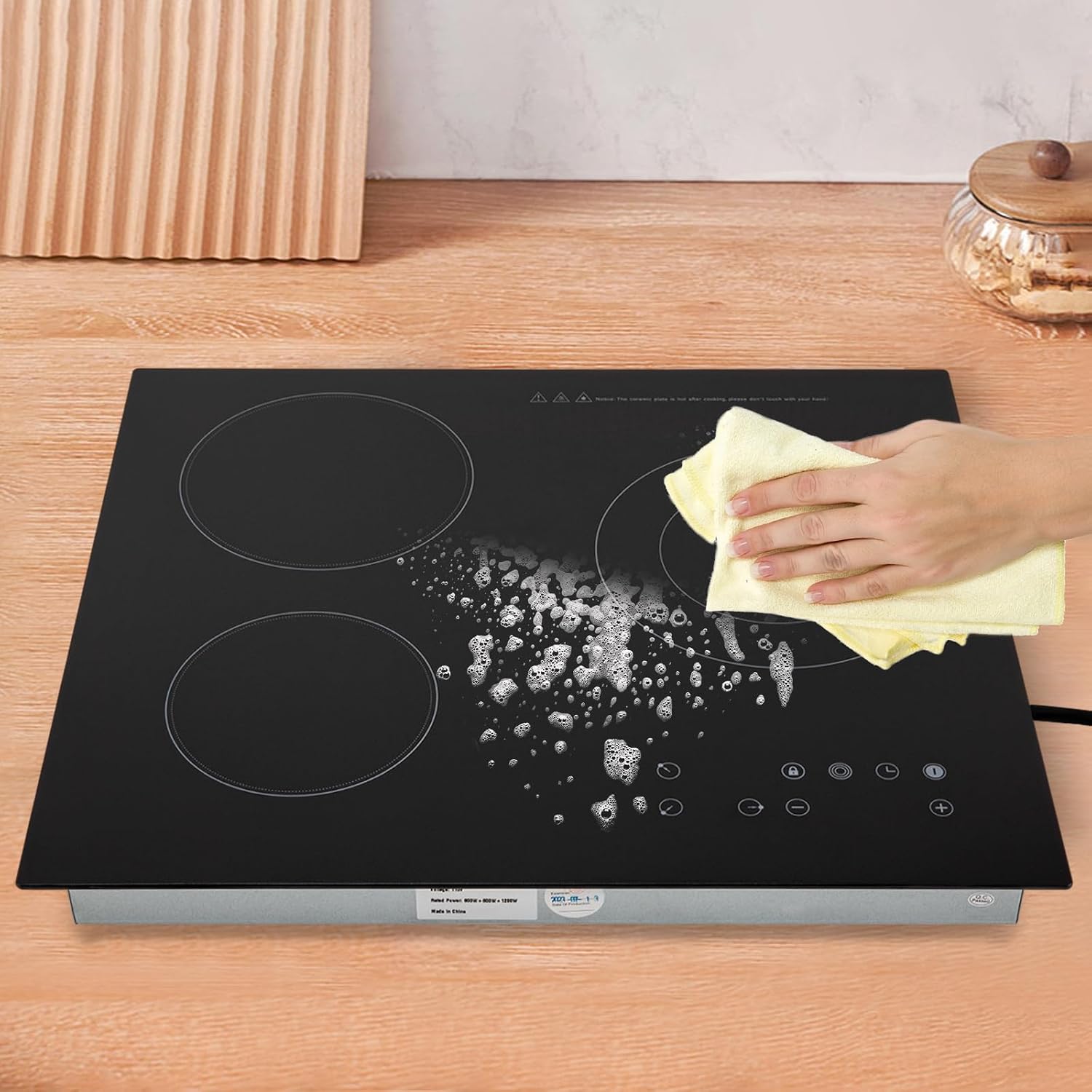 3 Burner Electric Cooktop Electric Stove Top Induction Cooktop Counter top Burner Built-in Electric Ceramic Stovetop Smooth Surface Glass 9 Heating Level Safety Lock,2600W (No Plug)