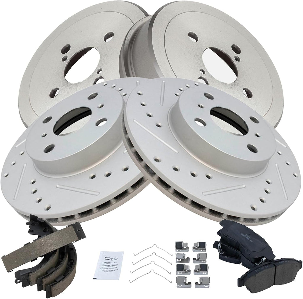 TRQ Front & Rear Brake Pad & Rotor,Shoe & Drum Kit Premium G-Coated Ceramic Performance Compatible with 1993-1997 Geo Prizm Toyota Corolla