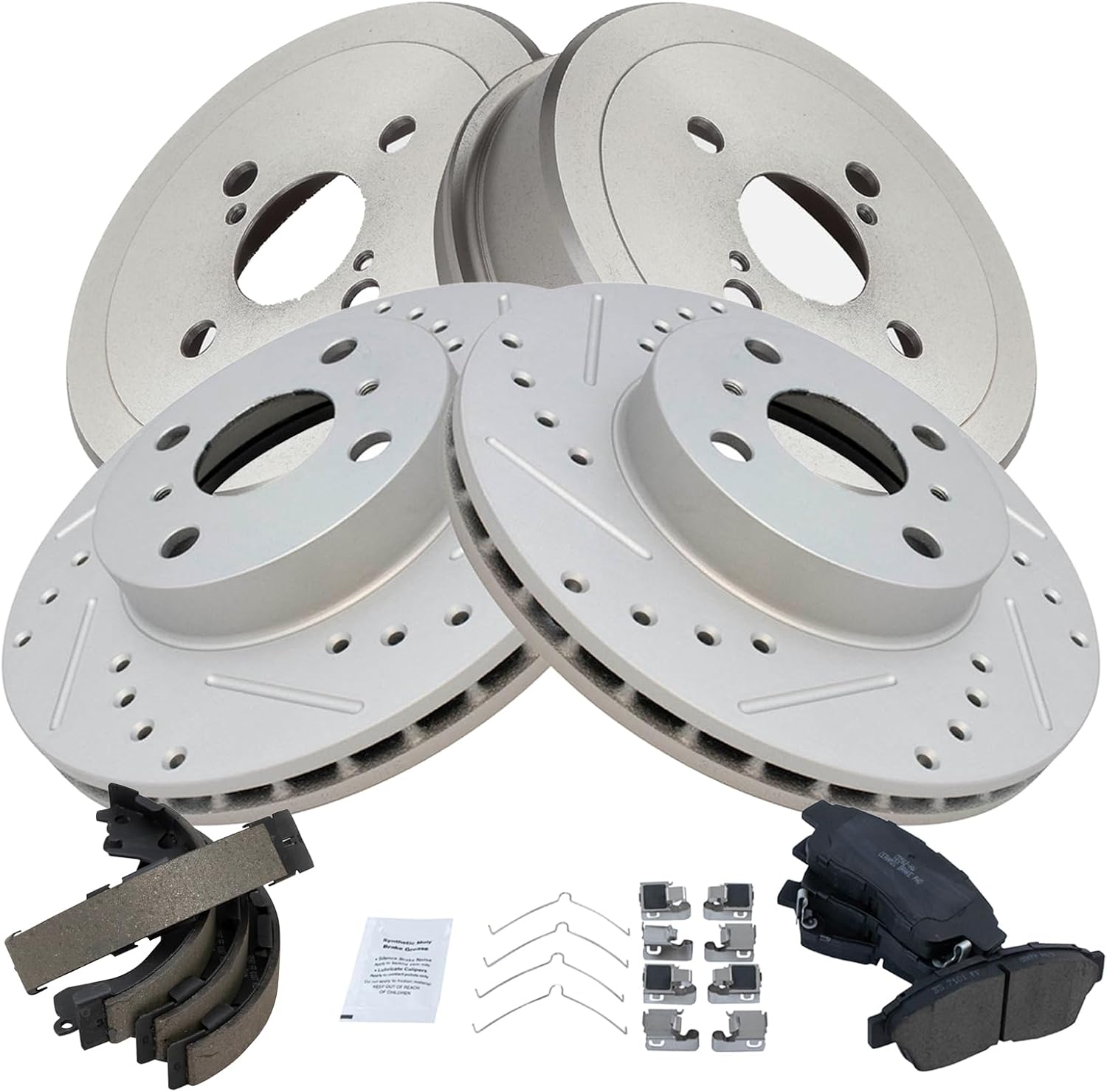 TRQ Front & Rear Brake Pad & Rotor,Shoe & Drum Kit Premium G-Coated Ceramic Performance Compatible with 1993-1997 Geo Prizm Toyota Corolla
