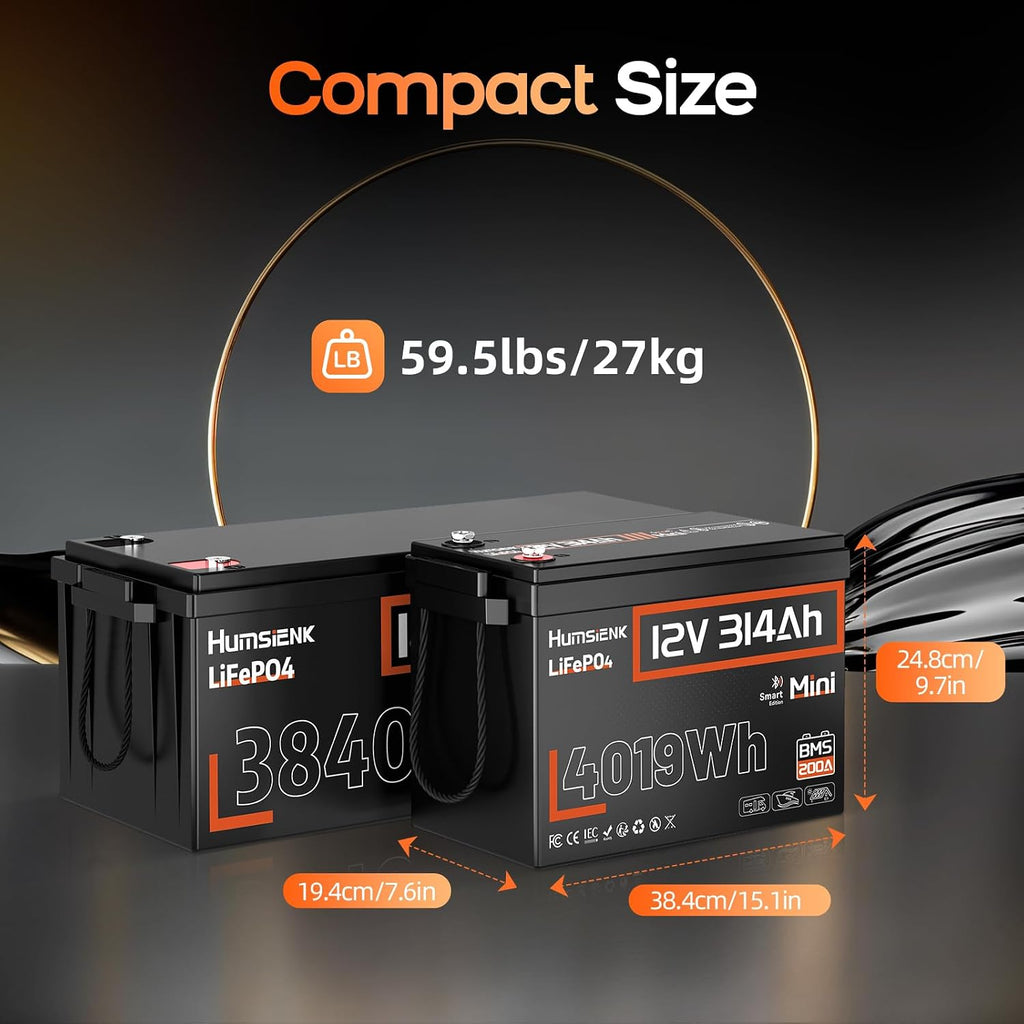 HumsiENK 12V 300Ah (314Ah) LiFePO4 Lithium Battery Mini Size, Bluetooth 200A BMS, 15000+ Deep Cycles, Low-Temp Protection – for RV, Marine, Solar, Off-Grid, Home Backup (Compact & Lightweight)