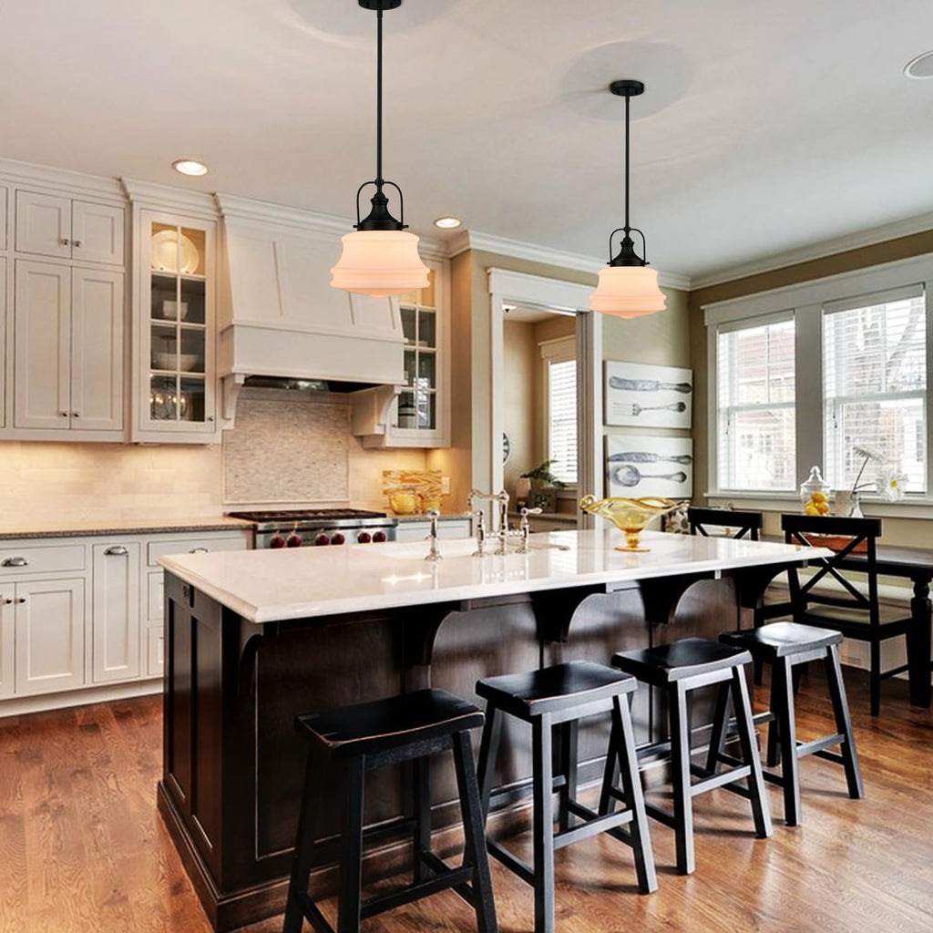 DEYNITE Industrial Black Pendant Light Rod Hanging Schoolhouse Light Milk White Shade for Kitchen Bar Bedroom Bathroom Dining Room