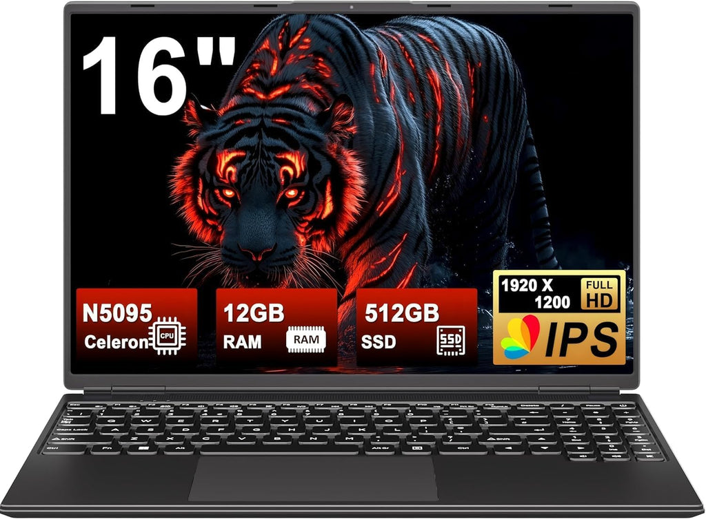 2025 16 Inch Gaming Laptop N5095 (Up to 2.9 GHz) 12GB+512GB SSD Support 1TB Expand Win 11 Laptops 1920 * 1200 FHD Screen 5G WiFi BT 4.2 Webcam Cooling Fan Numeric Keypad -Black