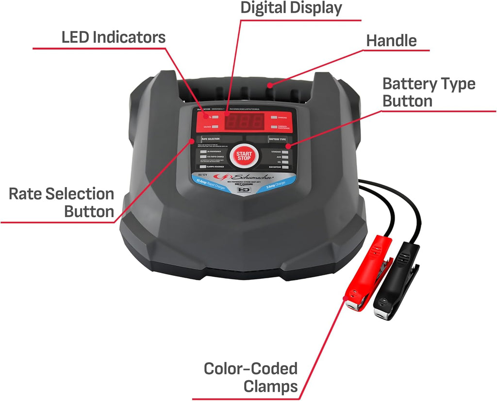 Schumacher Electric Car Battery Charger and Maintainer SC1280 4-in-1, 15 Amp, Fully Automatic for 6v and12v Automobile Batteries - Ideal for Motorcycles, Cars, Trucks, SUVs, Marine Batteries, and More