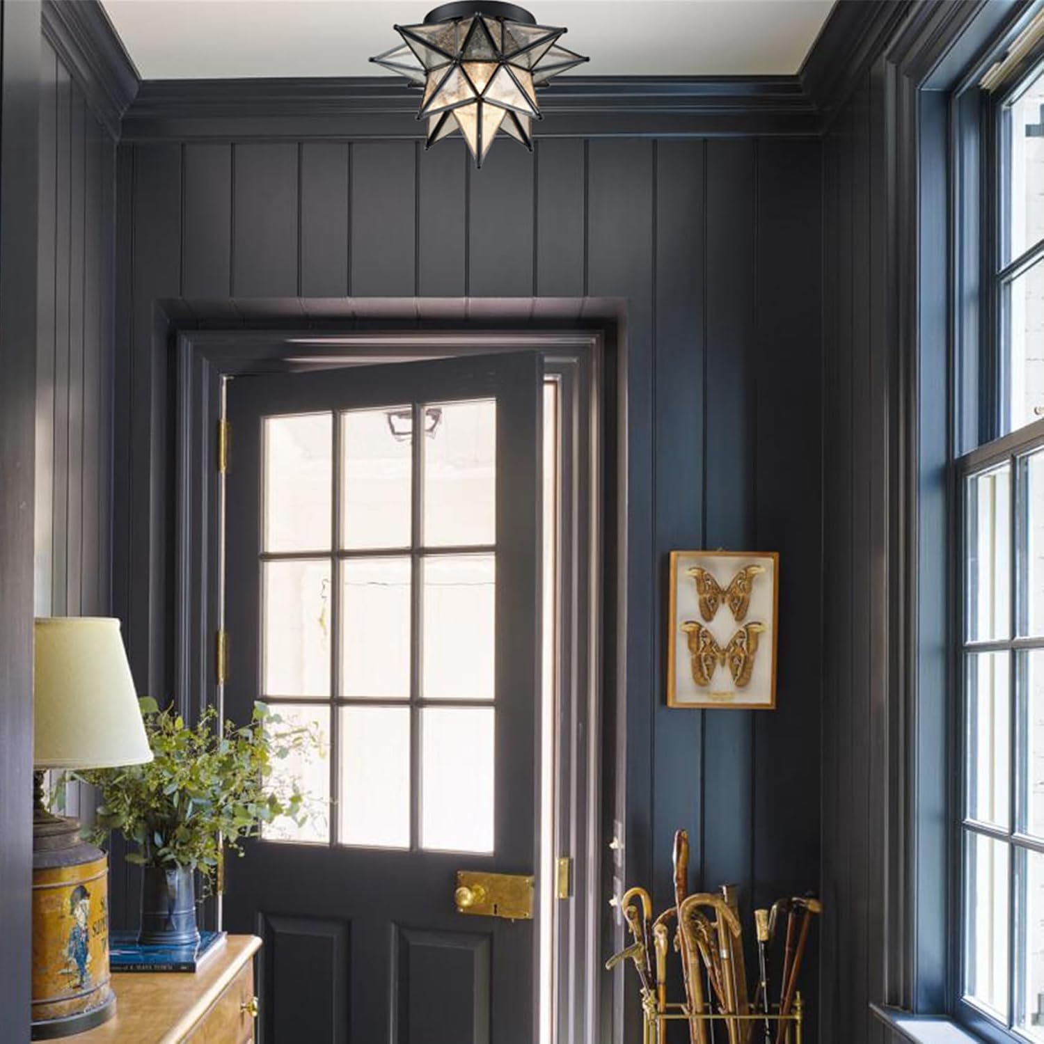 DAYCENT Black Moravian Star Flush Mount Light with Seeded Glass Shade 12.8-Inch Moroccan Star Glass Ceiling Light Fixtures for Bedroom Kitchen Hallway Foyer