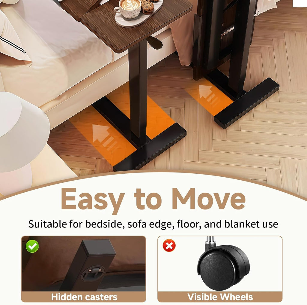 Upgraded Overbed Bedside Desk with Hidden Wheels, Height Adjustable Rolling Laptop Stand with Extended Front Stopper, Tilting Over Bed Table for Bed Sofa, Walnut