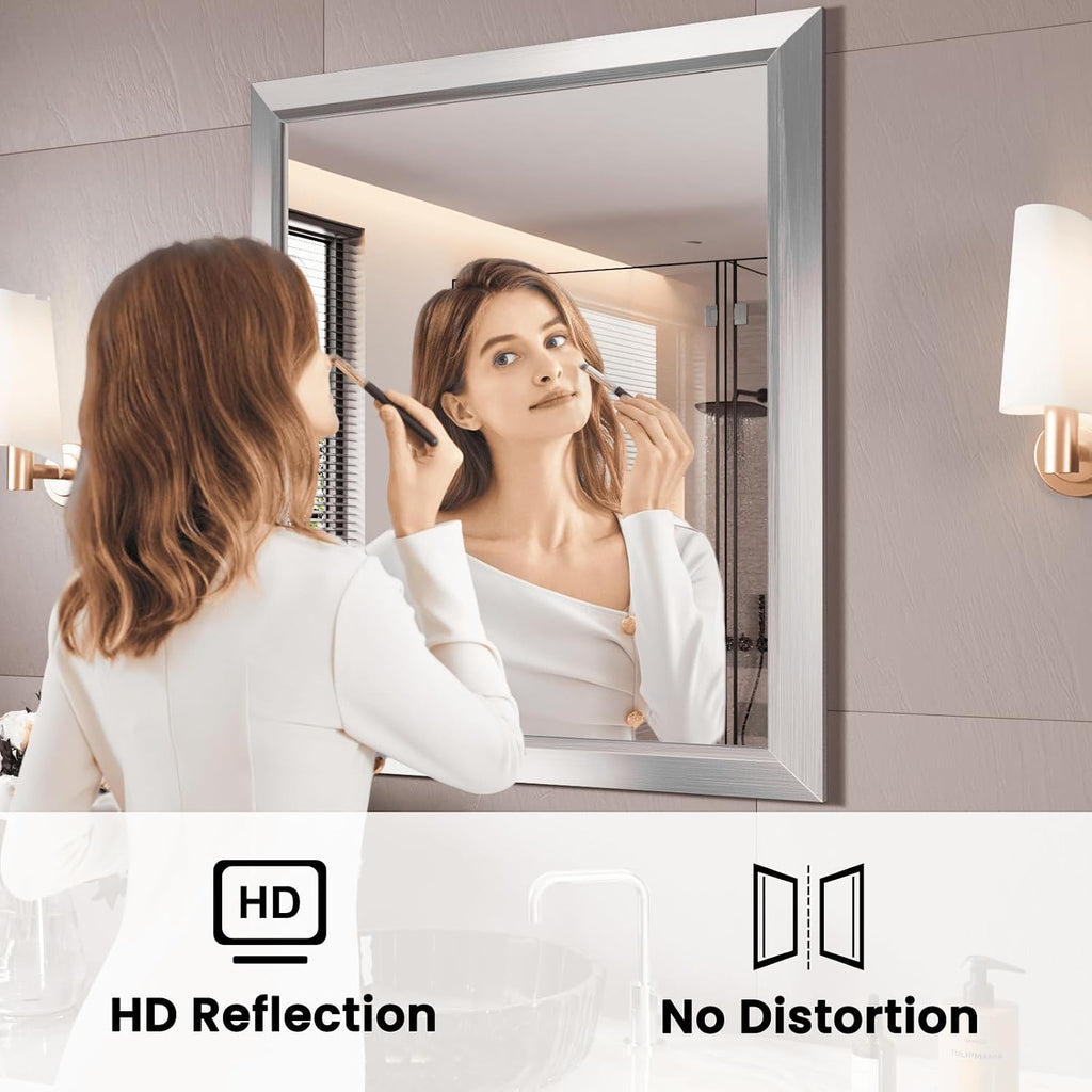 Amorho Bathroom Mirror, 28x32 Inch Silver Thick Metal Framed Wall Mirrors for Over Sink, Brushed Nickel Mirror Perfect for Bedroom, Living Room, Entryway, Rectangle (Horizontal/Vertical).