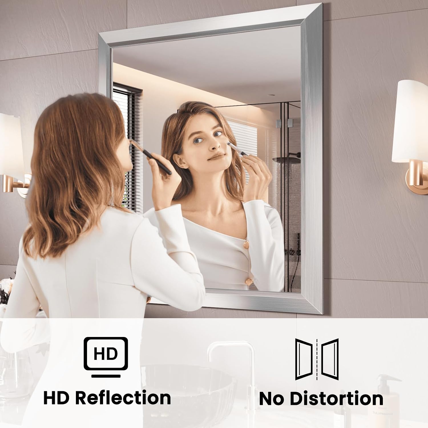 Amorho Bathroom Mirror, 28x32 Inch Silver Thick Metal Framed Wall Mirrors for Over Sink, Brushed Nickel Mirror Perfect for Bedroom, Living Room, Entryway, Rectangle (Horizontal/Vertical).