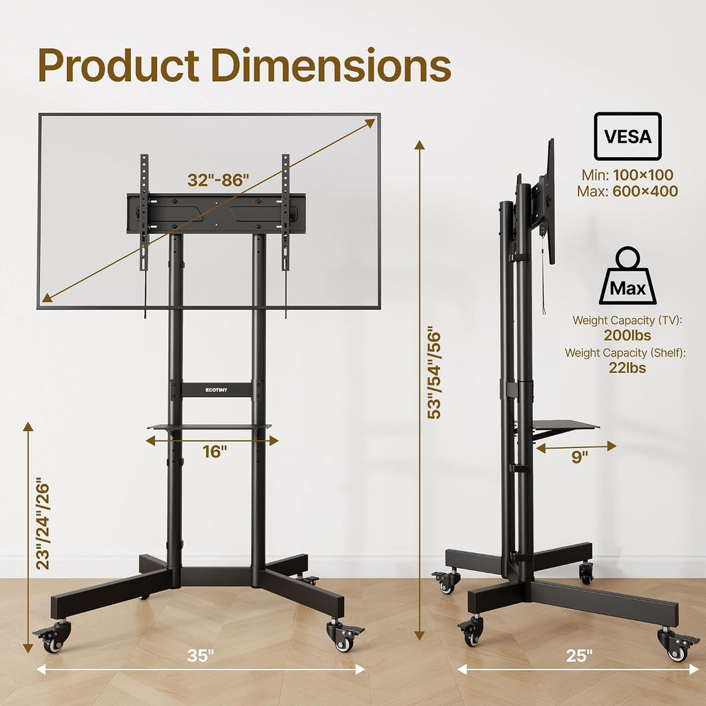 Upgraded Rolling TV Stand for 32-86 Inch TVs up to 200 lbs, Heavy Duty Mobile TV Cart with Laptop Shelf, Height Adjustable Portable TV Stand with Lockable Wheels, Max VESA 600x400mm