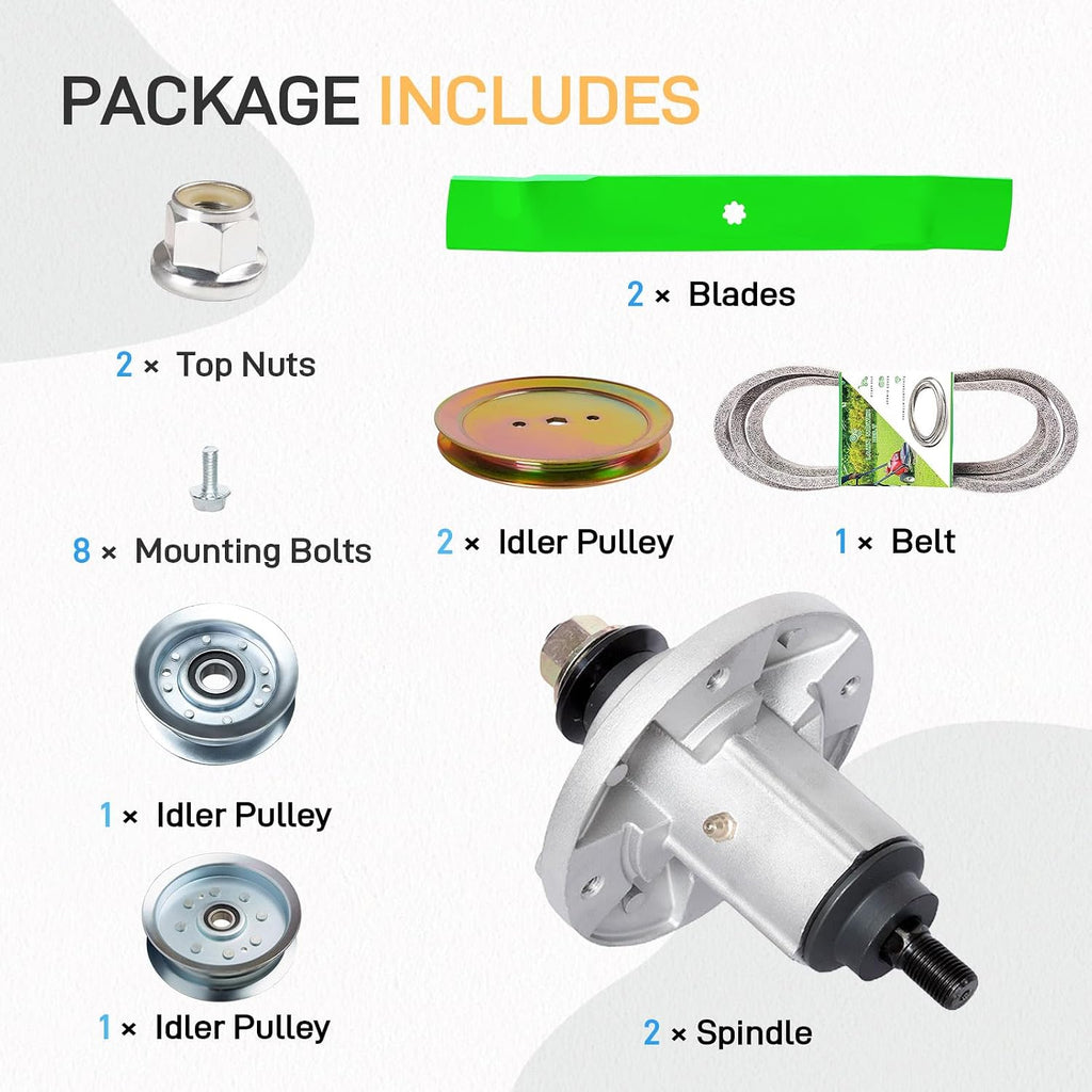 42 inch Mower Deck Rebuild Kit fits Jo hn Dee re 102 105 115 LA100 D120 Includes 2 Spindle GY20867 AUC15811 2 Blade AM141033 1 Be lt GX20072 4 Pulley GY20110 GY20067 GX20367
