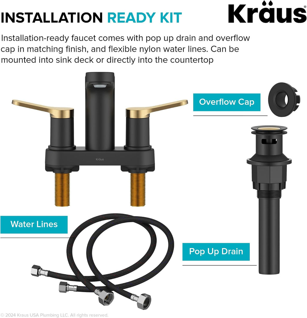 KRAUS Indy Centerset Bathroom Faucet in Spot-Free Brushed Brass/Matte Black with 2 Handles, Pop Up Drain and Supply Lines, FUS-14102SFBBMB