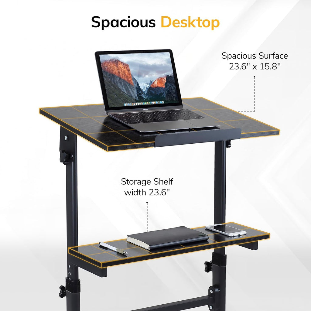 Mount-It! Portable Standing Desk with Wheels, Rolling Mobile Laptop Desk, Height Adjustable Sit Stand Workstation (41.3″–50″), Small Compact Mobile Lectern Podium for Home Office, Classroom & Training