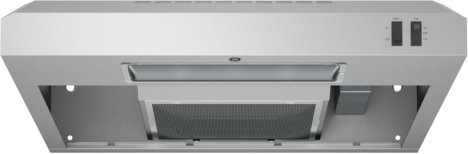 GE 24in. Under Cabinet Range Hood, convertible Duct, 2 Speed Exhaust Fan, Front Control and Reusable Filter, Stainless Steel