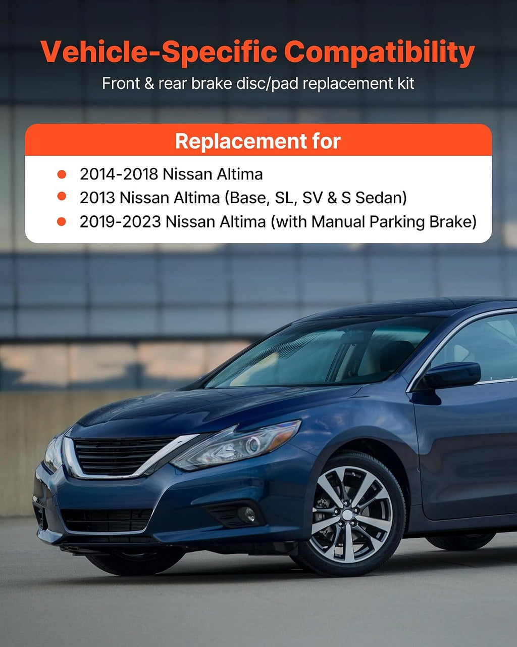 VEVOR Front and Rear Brake Kit Compatible with 2013 Nissan Altima (Base, SL, SV & S Sedan), 2014-2018 Nissan Altima, 2019-2023 Nissan Altima (with Manual Parking Brake), Hollow Structure Front Rotors