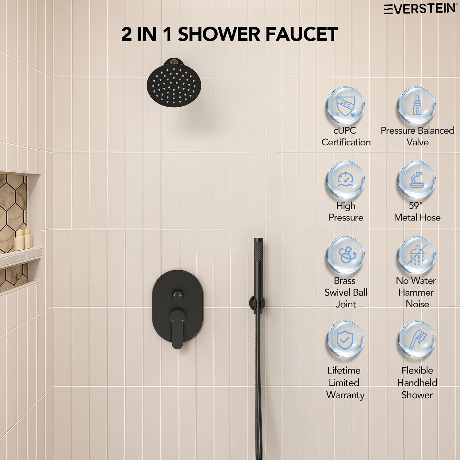 6' High-Pressure Shower System with Handheld Spray, Wall Mount Round Bathroom Shower Faucet Set with Valve (Matte Black)