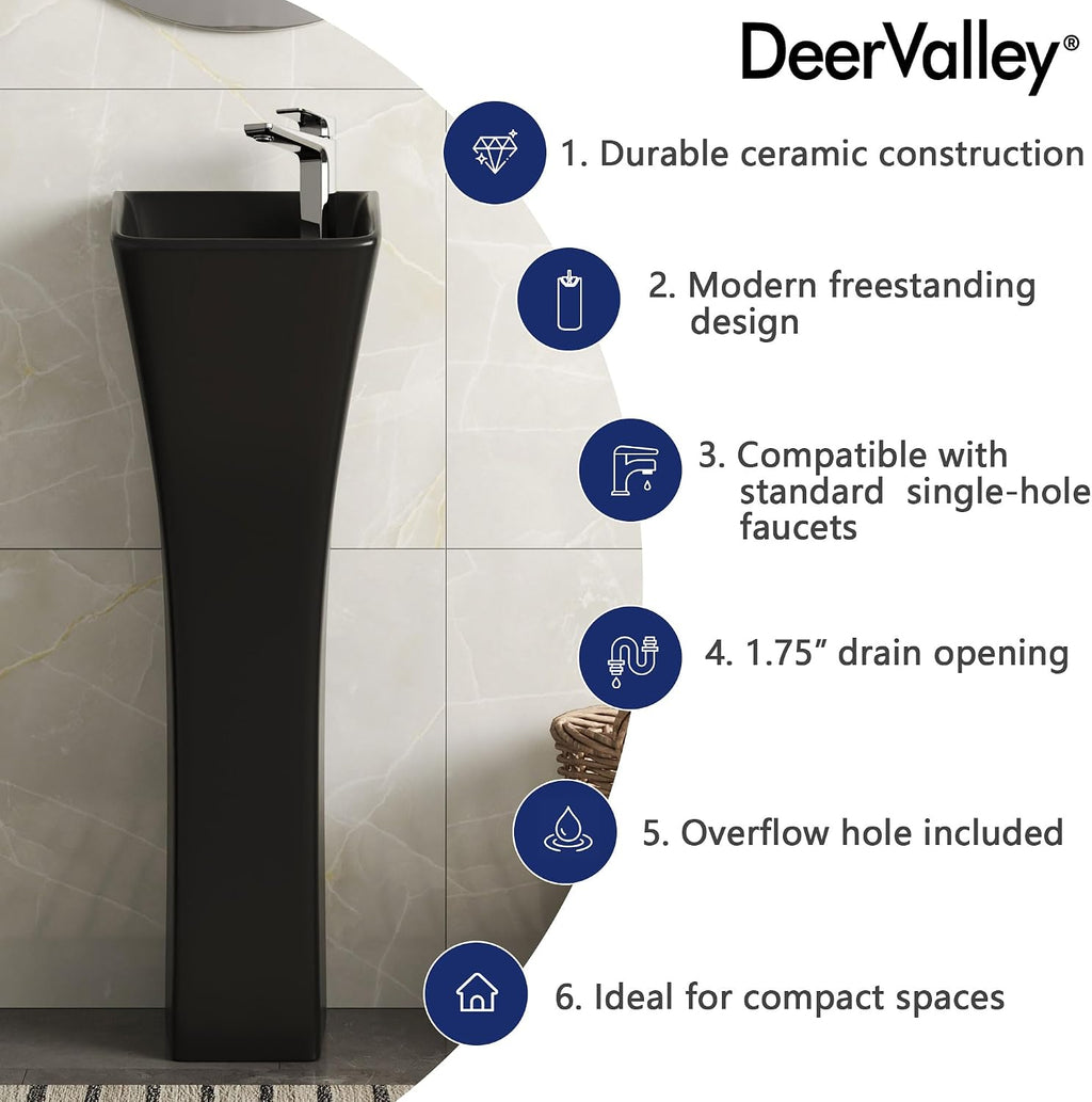 DeerValley Horizon Black Pedestal Sink 11x13 Inch, Modern Ceramic Bathroom Vanity with Overflow for Small Spaces