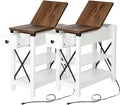Awescuti Narrow End Table with Charging Station - Farmhouse Slim Side Table Set of 2, w/USB Ports Power Outlets, Nightstand w/Flip Top Storage Drawer, for Small Spaces Living Room Bedroom, Brown White