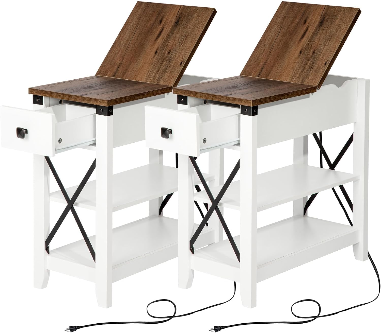 Awescuti Narrow End Table with Charging Station - Farmhouse Slim Side Table Set of 2, w/USB Ports Power Outlets, Nightstand w/Flip Top Storage Drawer, for Small Spaces Living Room Bedroom, Brown White