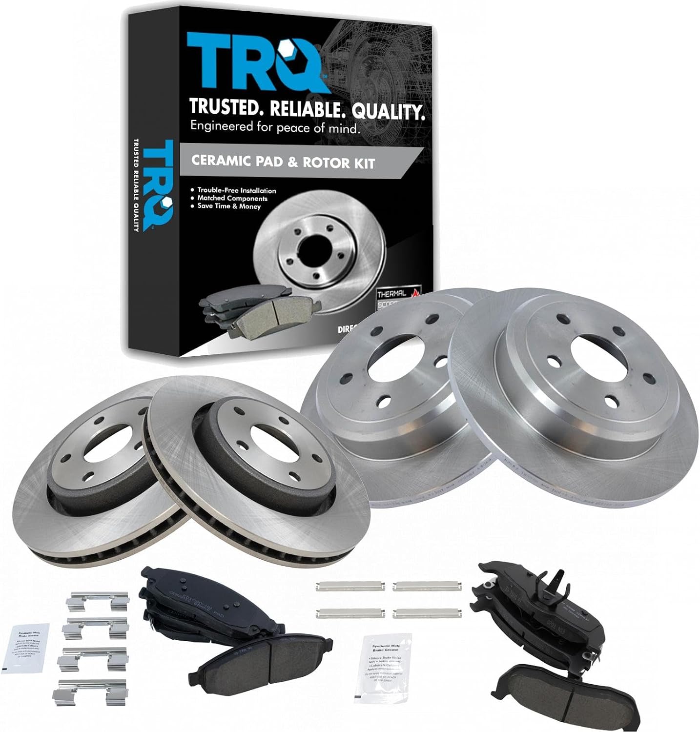 TRQ Front and Rear Brake Pad & Rotor Kit Ceramic Compatible with 2006-2010 Jeep Commander 2005-2010 Grand Cherokee