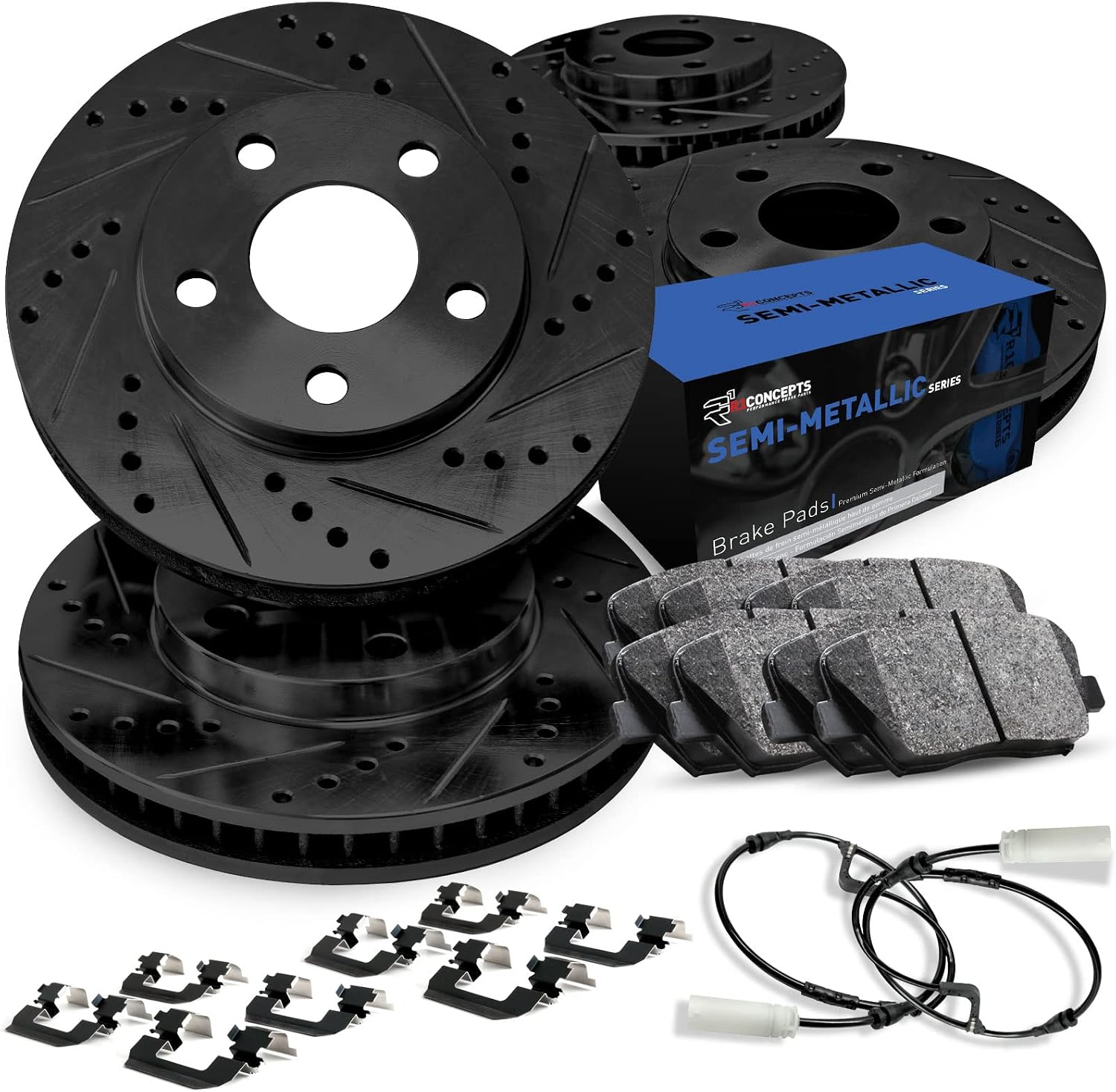 R1 Concepts Front and Rear Brake Kit Fits 2017 Land Rover Discovery; 2014-2017 Land Rover Range Rover| Semi Met Pads, Drilled Slotted Rotors| Hardware, Sensor Wire| 14.2' Front & 13.8' Rear