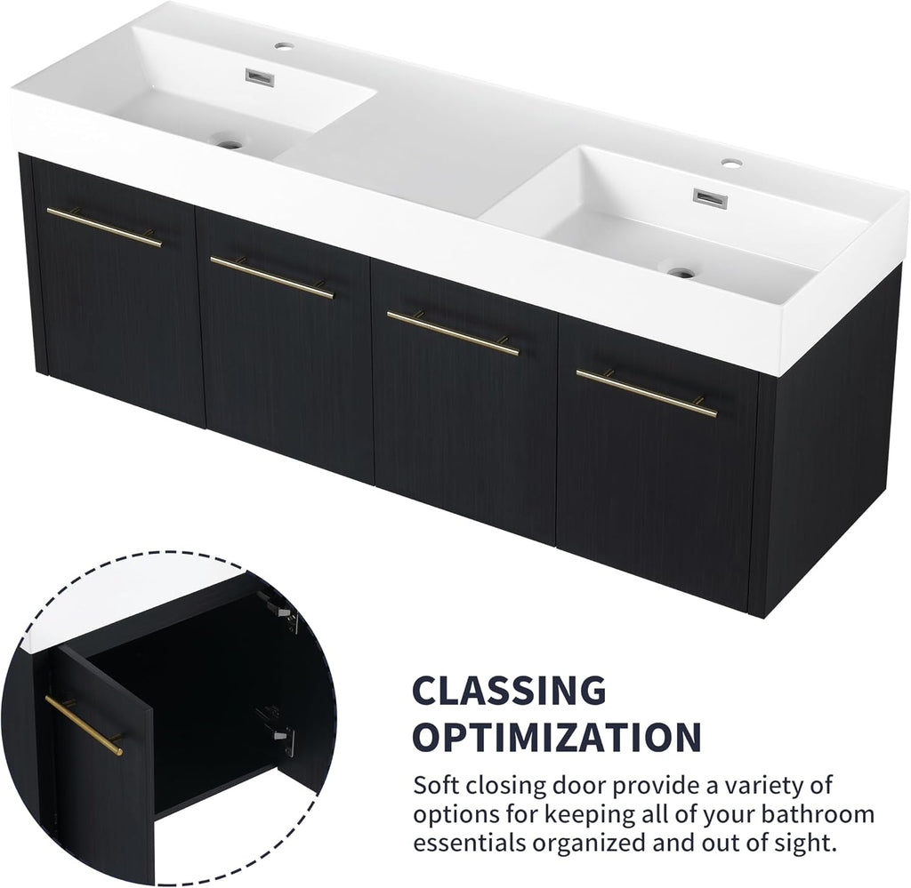 60' Black Wall Mounted Double Sink Vanity, High End Floating 4 Door Cabinet with Thicken Edge Resin Sink, 60 Inch Large Wood Vanity with Gold Handle