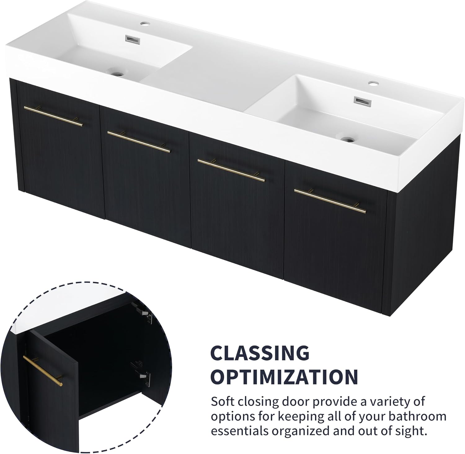 60' Black Wall Mounted Double Sink Vanity, High End Floating 4 Door Cabinet with Thicken Edge Resin Sink, 60 Inch Large Wood Vanity with Gold Handle